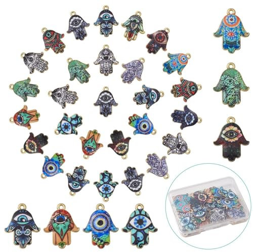 Airssory 30 Pcs 15 Styles Hamsa Hand Printed Alloy Charms Colorful Lucky Evil Eye with Flower Pattern Charms for DIY Bracelet Necklace Jewellery