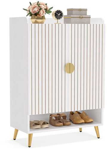 LITTLE TREE Schuhschrank mit Türen und verstellbaren Regalen, 7-stöckig, modern, freistehend, Aufbewahrungs-Organizer für Eingangsbereich, Wohnzimmer, Schlafzimmer, Wohnungen Weiß | Modernes freistehendes Schuhregal, Aufbewahrungs-Organizer für Eingangsbereich, Wohnzimmer, Schlafzimmer, Wohnungen