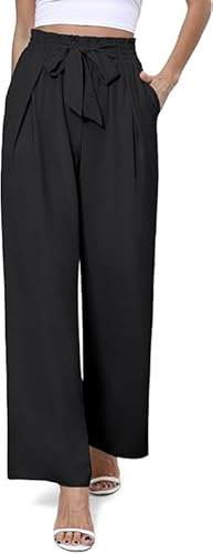 BEIGAI Damen Hose Casual Leichte Dehnbar Hohe Taille Hosen Elegante Einfarbig Weite Leg Hose mit Taschen,Schwarz,M
