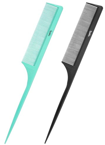 2Pcs Rat Tail Comb Parting Combs for Women, Fine Tooth Parting Tip Carbon Fiber Root Teasing Anti Static Hair Comb for Styling (Green,Black)