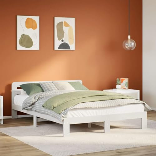 vidaXL Massivholzbett, Holzbett ohne Matratze, Bettgestell mit Kopfteil Lattenrost, Bett Doppelbett für Schlafzimmer, Weiß 160x200cm Kiefernholz