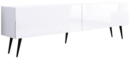 3E 3xE living.com Meuble TV : Deux Portes, Deux étagères, Couleur : Blanc Mat/Blanc Brillant, Pieds Noirs D : L : 170 cm, H : 52 cm, P : 32 cm