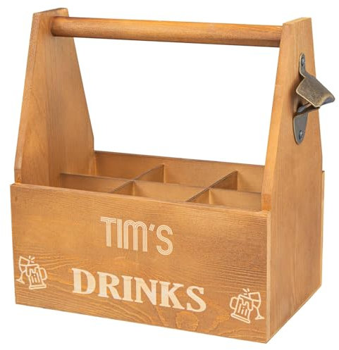 Personalised Wooden Drinks Caddy with Built-in Bottle Opener – Custom Gift for Beer & Beverage Lovers