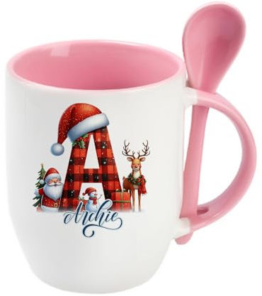 Getagift Personalised Christmas Alphabet Letter, Initial with Name, Xmas, Secret Santa Alphabet, Spoon Coffee, Tea Mug. (Pink)