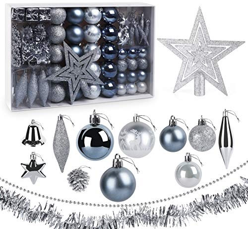 Truevaste Weihnachtskugeln Silber Grau, Kunststoff Christbaumkugeln 4/6cm mit Baumkronensterne & Tannenzapfen, Weihnachtsbaumkugeln mit Glänzende Matte Glitzer, Festival Party, 73 Stück