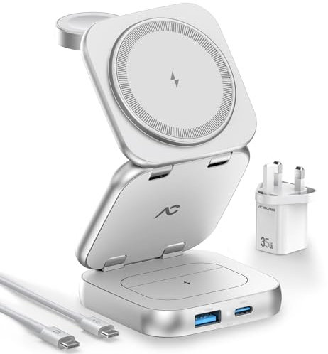 AC Island 2025 Caricatore Wireless Pieghevole 5 in 1, Stazione di Ricarica Mag-safe, Supporto di Ricarica Magnetica per iPhone 16/15/14/13/12 Serie, Apple Watch 10/Ultra, per AirPods 4/Pro(Argento)