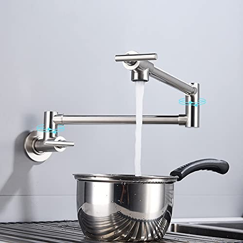YIHANSS Topffüller, Küchenarmatur, massives Messing, klappbare Wandhalterung, dehnbarer Doppelgelenk-Schwenkarm, Einzelloch, 2 Griffe, ausziehbarer Arm, für Küche, Restaurant (gebürstet)