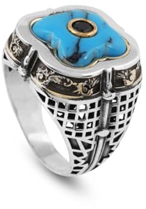 Jewellery Pit - Türkis- und Onyx-Ring, Osmanischer Gravierter Edelsteinring aus 925 Sterling Silber, Polierter Verlobungsring für Herren, Handgemachter Vintage Herrenring mit Adeau Silberputztuch (53)