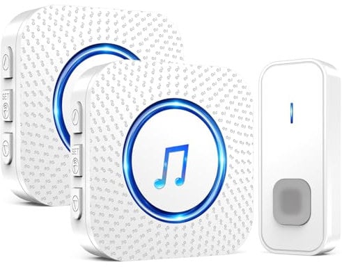 SURFOU Funkklingel, Kabellose Türklingel Funk 400m Reichweite Aussen Wasserdicht Haustür mit Plug-in Empfänger mit LED Blinken, 5 Lautstärkestufen, 55 Melodien (2 Weiß Empfänger + 1 Weiß Sender)