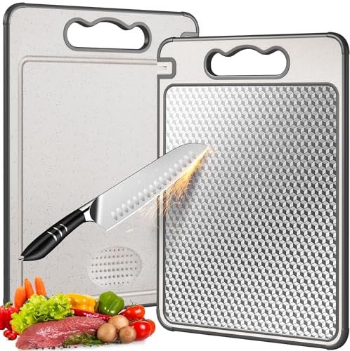 Tabla Cortar Cocina de Doble Cara, Tabla Cortar Acero Inoxidable con Ranura para Cuchillo, Tablas de Corte Cocina