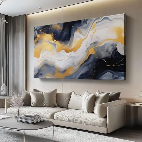 Bild auf Leinwand 150L x50B cm Schlafzimmer Home Deko Wohnung Abstrakte, fließende Textur Bild Wohnzimmer Fotoleinwand Wall Decor Kunstdruck Leinwand Poster Wandbilder, Gold Schwarz