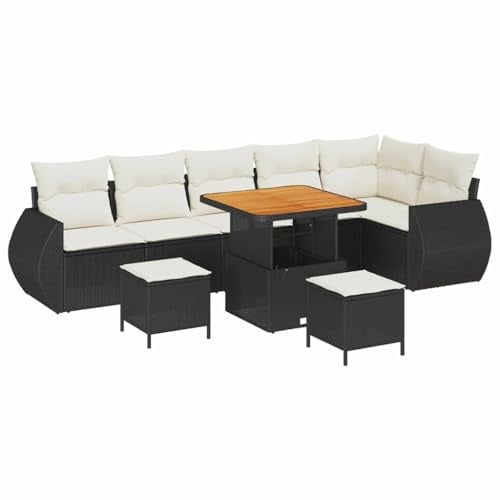 vidaXL Garten-Sofa-Set 9 pcs Schwarz und Creme 80 x 80 x 71 cm, Garten und Terrasse, modernes Outdoor-Möbelset, wetterfestes Sofa, Rattan-Loungewagen, abnehmbare Kissen für die Terrasse