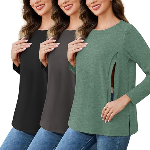 Love2Mi 3er Pack Damen Stillshirts mit Reißverschluss Lose Stillen Tshirt Umstandsmode Tops Schwangerschafts Stilltop