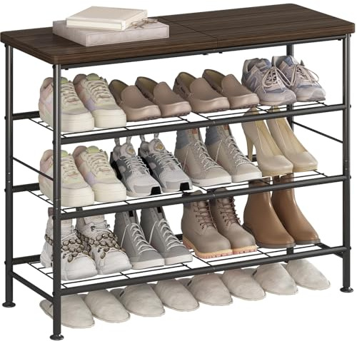 Dazioter Schuhregal mit 4 Ebenen,Schuhregale aus Hochleistungsmetall mit MDF-Platte,Geeignet für Eingänge,Schrank,Wohnzimmer (Dunkle Holzoptik + Schwarz, 4 Ebenen)