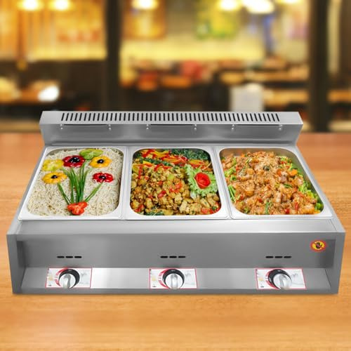 Scaldavivande a gas, con 3 padelle, per friggitrice a gas propano, GPL, in acciaio inox, con coperchi, temperatura regolabile, pentola riscaldante per catering