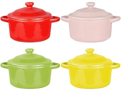LONTOM Set of 4 Small Casserole Dish with Lid,7 oz Ramekins Serving Dishes with Lids,Ceramic Bowl Soup Bowls,Creme Brulee Ramekins Oven Dish with Handles for Souffle,Quiche,Creme Brulee,Tarts,Pasta