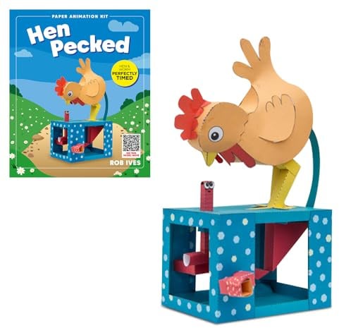 Go On Make Me Hen Pecked Paper Animation Kit – Rob Ives DIY Papercraft Model with Pecking Hen and Hidden Worm – STEM Craft Toy – Mechanical Paper Model for Kids & Adults – Creative Screen