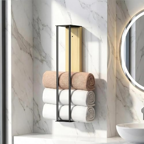 HECHKJ Porte Serviette Noir, 40 cm Rangement Serviette, Support Mural Autocollant en Acier et Bois, Étagère à Serviettes Salle de Bain, pour Salle de Bain, Cuisine et Hôtel