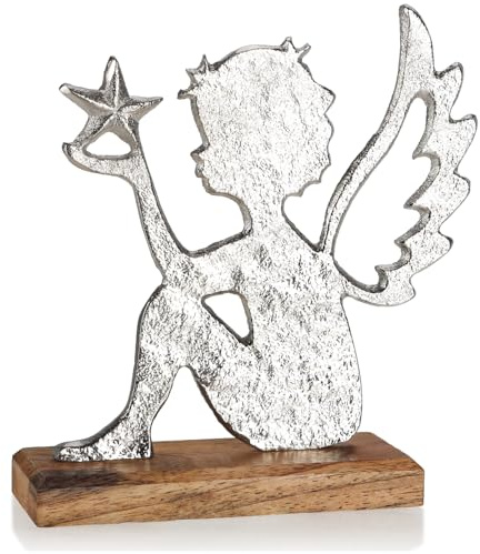 com-four® Engel Figur, edle Dekofigur aus Metall und Mangoholz | Engelskulptur mit Stern - Engel mit Flügeln aus Metall auf Holzsockel - Weihnachtsdeko Aufsteller