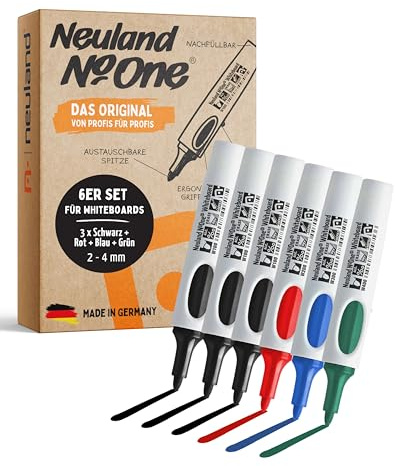 Neuland No.One® Whiteboard-Marker I Mehrfarbiges 6er Set mit Rundspitze 2-4 mm I Nachfüllbarer Marker für Trainer, Moderatoren & Coaches I Ergonomischer & langlebiger Präsentationsstift