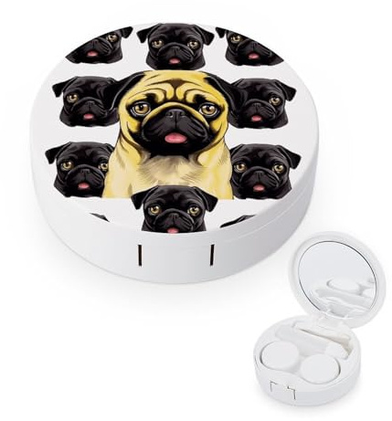 FekiLoot Black Yellow Pug Contact Lens Cases, Cute Contact Lenses Lens Box Set Outdoor Mini Contact Lens Soak Storage Kit with Mirror Daily Vision Care And Outdoor Use