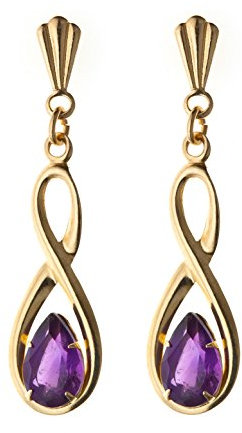 9ct yellow gold semi-precious February birthstone, figure of 8 amethyst drop earrings. Gift box