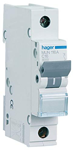 Hager MUN116A Interruptor Automático Magnetotérmico Serie MU, 1P, 16A, curva C, 6KA