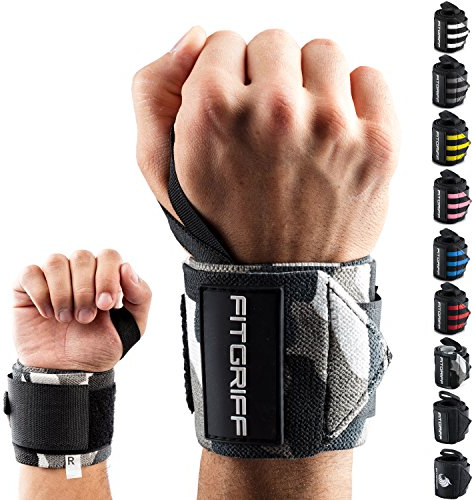 Fitgriff® Handgelenk Bandagen [Wrist Wraps] 45cm Handgelenkbandage für Fitness, Handgelenkstütze, Bodybuilding, Kraftsport & Crossfit (Grau-Camo)