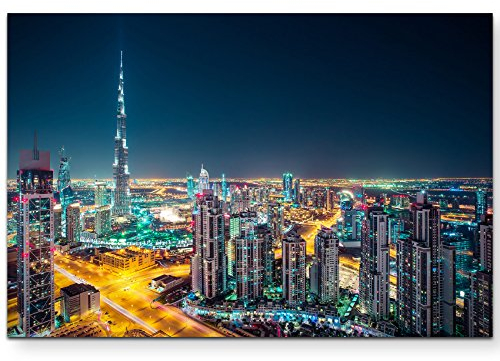 Eau Zone Wandbild auf Leinwand 120x80cm Skyline bei Nacht Dubai – UAE