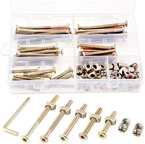 Swpeet 100 piezas Tornillos de hardware de cuna, galvanizado M6 × 40/50/60/70/80 mm Hex Socket Head Cap Cuna perno de cama de bebé y tuercas de barril con 1 x llave Allen Perfecto para muebles, cunas