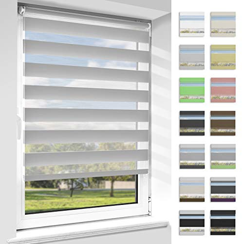 OUBO Doppelrollo Klemmfix, Rollos für Fenster ohne Bohren & mit Bohren (Grau, 70cm x 130cm), Duo Rollo Klemmrollo Fensterrollo Easyfix, lichtdurchlässig und verdunkelnd.