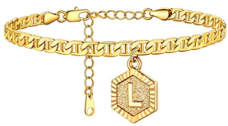 U7 Bracelet de Cheville Eté Femme Lettre L Plaqué Or Chaîne Marine 5mm Réglable 22+5cm avec Breloque Hexagone Gaufrée