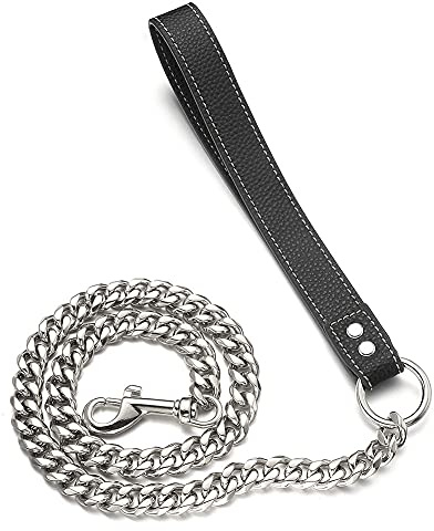 RUMYPET Silberfarbene Hundeleine, 11 mm/15 mm, solide, kaufest, 316L-Edelstahl, kubanische Gliederkette mit Echtledergriff, Training, Spazierengehen, 90 cm, für kleine, mittelgroße und große Hunde (15