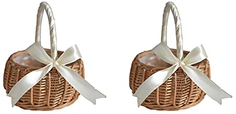 KEEBGYY 2 Stück handgeflochtene Blumenkörbe, Rattan-Blumenkorb, Hochzeits-Blumenmädchen-Körbe mit Griffen und Band, Blumenmädchen-Handkorb für Hochzeit, Ostern, Party-Dekoration