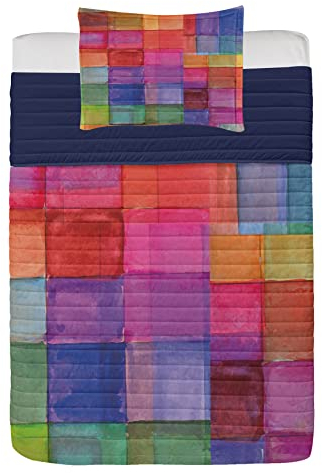 ABAKUHAUS Abstrakt Mikrofaser Tagesdecken Set, Regenbogen-Farben-Quadrate, weiches Bettwäscheset mit Kissenbezügen und Steppdecke, 170 cm x 220 cm, Mehrfarbig
