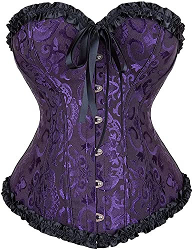 corseJosamogre Corsetto Top Bustier Donne Raso Sexy Floreale Pizzo Trim Overbust Plus Size Bodyshaper, Nero Viola, 6X-Large