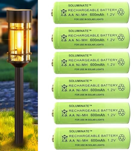 Soluminate Rechargeable AA Solar Light Batteries (600mAh) for Outdoor Garden Solar Lights, Driveway Lights, and Solar String Lights. Latest 1.2V NiMH Technology (6-Pack)