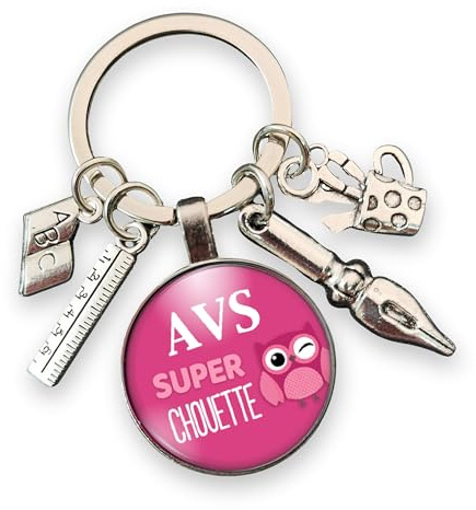 So Sweet – Porte-clés AVS Super Chouette – Cadeau AVS AESH Fin d'Année Scolaire – Cabochon Dôme Verre & 4 Breloques Argentées – Fait Main France