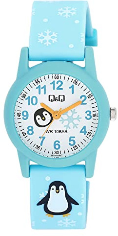 Q&Q Kinder-Uhr Silikon 10 Bar Motiv bunt Lernuhr Analog Quarz (blau weiß)