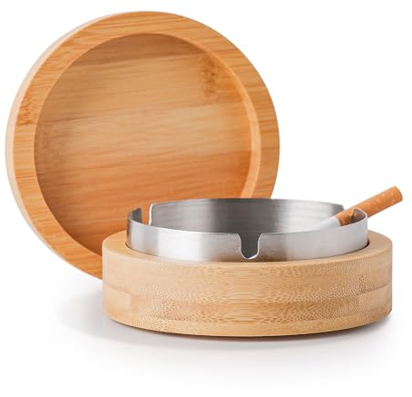 VViN Cool Ashtray with Lid Smell Proof with Stainless Steel Liner, Cigar Ashtray for Outdoor or Indoor Use, Desktop Bamboo Ash Tray for Patio Home Office Decoration - Large