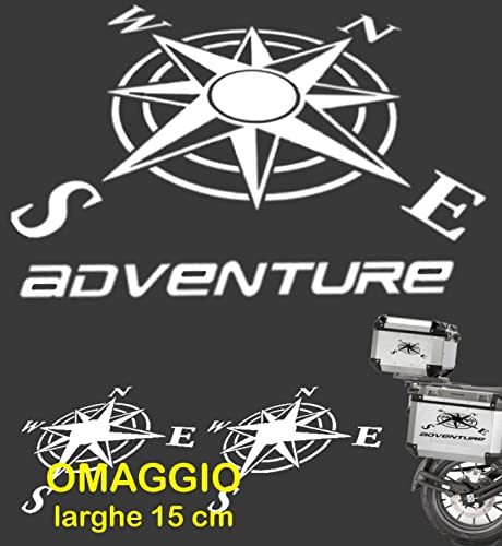 nuovo kit Adesivi Stickers Rosa dei venti adventure da 34 cm + omaggio 2 adesivi rosa dei venti da 15 cm valigie per moto enduro adventure Trail off Road Sport 4x4 per Auto o Moto (Bianco Lucido)