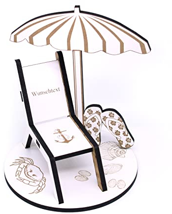 DEKOLANDO Geldgeschenk Urlaub Gutschein - Sonnenschirm, Flip Flops und Liegestuhl mit Wunschtext - Strand Geschenk Reise Sommer - 13,5 x 19 cm