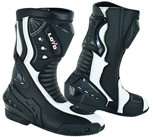 LOVO Stivali da moto da corsa (unisex) colore nero con dettagli bianchi, Nero Con Dettagli Bianco, 37 EU