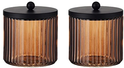 KMWARES 2-Pack Glass Qtip Holder Dispenser Set for Cotton Ball, Swab, Round Pads, Floss Picks with Matte Black Metal lid - Bathroom Canister Storage Organization and Vanity Makeup Organizer (Brown)