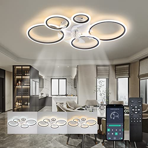 ycwdcz Black Modern Ceiling Fan Silent Circle Ceiling Fans with Lights and Remote DC Motor Reversible Summer Winter Mode for Bedroom Living Room Kitchen, 100cm