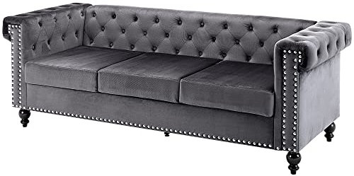RETRIN Sofas Couche,Sofa 3 Sitzer,Sofa Samt 3 Sitzer Couch für Wohnzimmer mit edler Knopfheftung und typischen Armlehnen Holzgestell,Metallbeine,Modernes Design,206 x 75.5 x 77 cm,Grey
