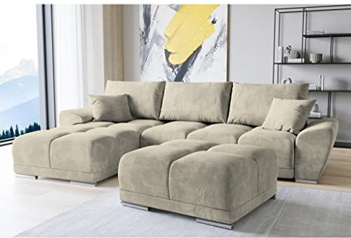 ML Furniture Ltd Set Velvet Ecksofa in L-Form 289 x 189 cm + Polsterhocker, Sofa mit Schlaffunktion, Fußhocker, Schlafsofa mit Bettkasten, Sitzpouf Farbe: Creme
