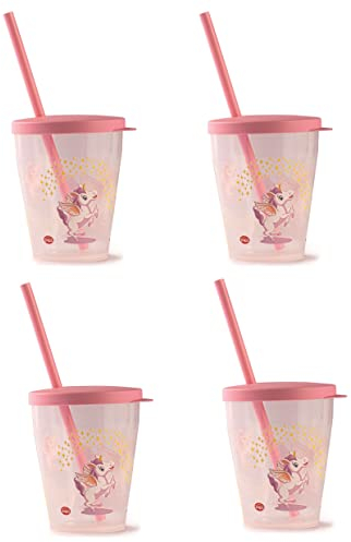 Snips, Vasos Plástico 4 pcs, Vasos Reutilizables 385 ml, Vasos con Pajita y Tapa, Decoración de Unicornio, 0% BPA y libre de ftalatos