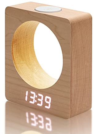 Veroa Réveil numérique silencieux en bois avec lumière, 3 alarmes de chevet, alimentation secteur, quatre niveaux d'intensité LED avec affichage de la température et du calendrier