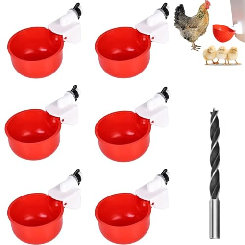 KARELLS 6 Stück Automatische Geflügeltränke Set, Hühnertränke, DIY Hühnerwasserbecher, Rot, Schwerkraftbetrieben, Polyvinylchlorid, für Hühner